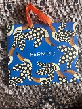 FARM RIO Bright Blue Tote with Cream & Black Pattern and Orange Handles.